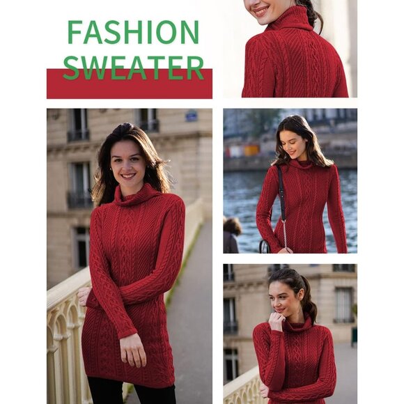 Women's Polo Neck Long Fitted Dress Bodycon Turtleneck Cable Knit Sweater Wine - Picture 5 of 6